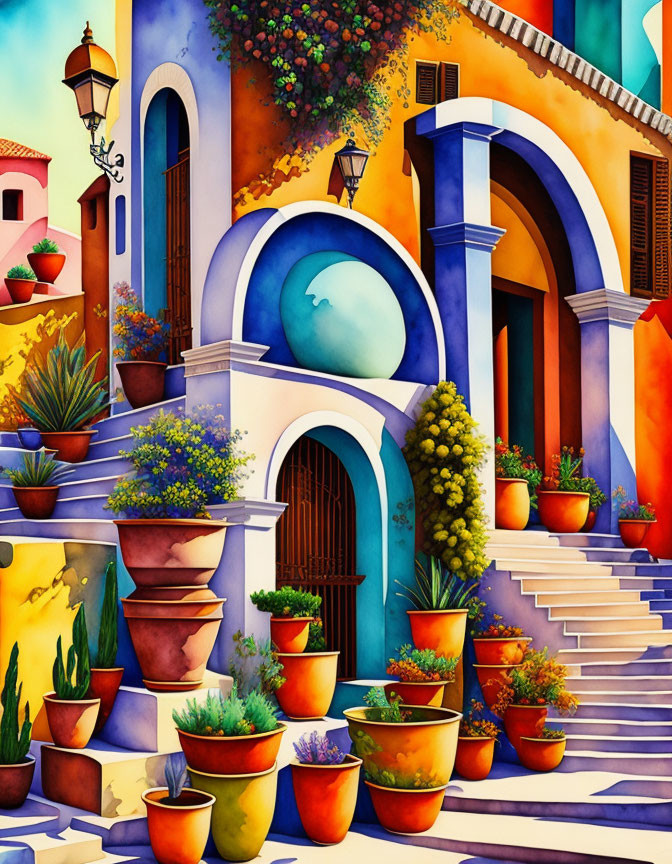 Colorful Mediterranean-style street painting with arched doorways, staircase, and potted flowers under blue