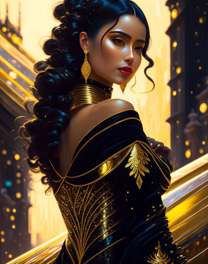 Dark-haired woman in black and gold dress gazing over shoulder in cityscape