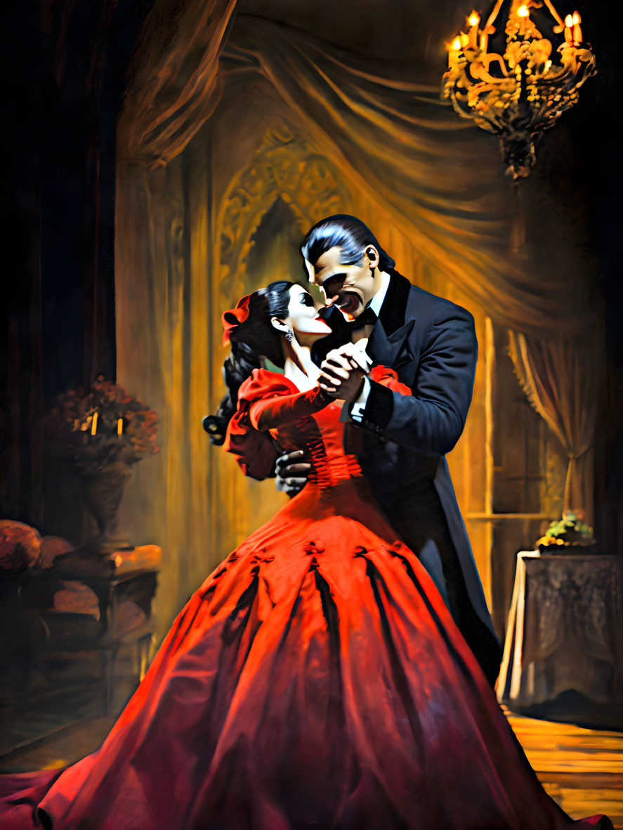 Elegant couple dancing in black suit and red gown under chandelier