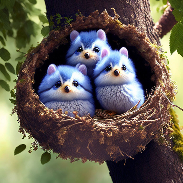 Three cute blue creatures in tree hollow with moss branches