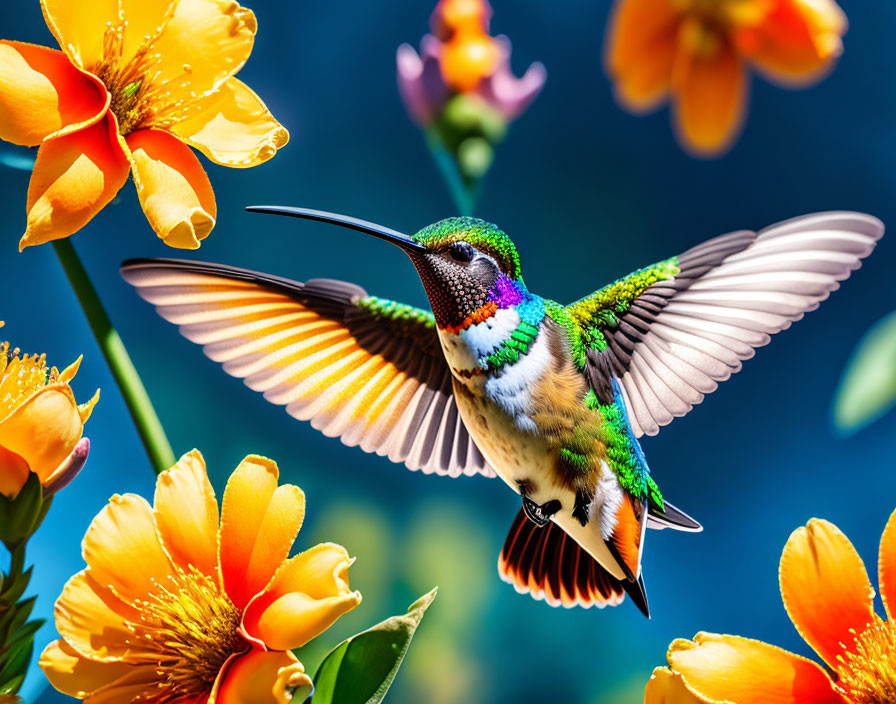 Colorful hummingbird near orange flowers on blue sky background