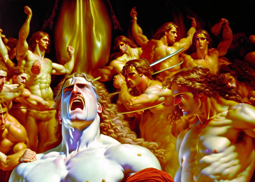 Dramatic painting of muscular man in anguish with intense figures and glowing entity