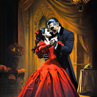 Elegant couple dancing in black suit and red gown under chandelier