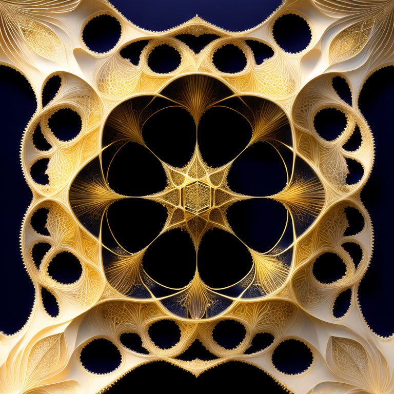 Symmetrical golden fractal design on dark blue background