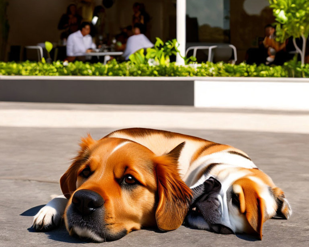 Brown and White Dog Relaxing Near Outdoor Restaurant diners