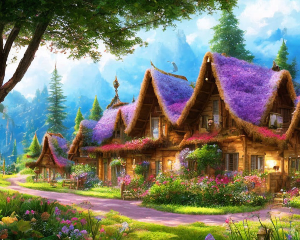 Thatched Cottages with Purple Flower Roofs in Lush Garden