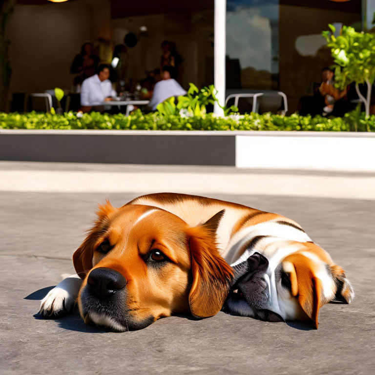 Brown and White Dog Relaxing Near Outdoor Restaurant diners