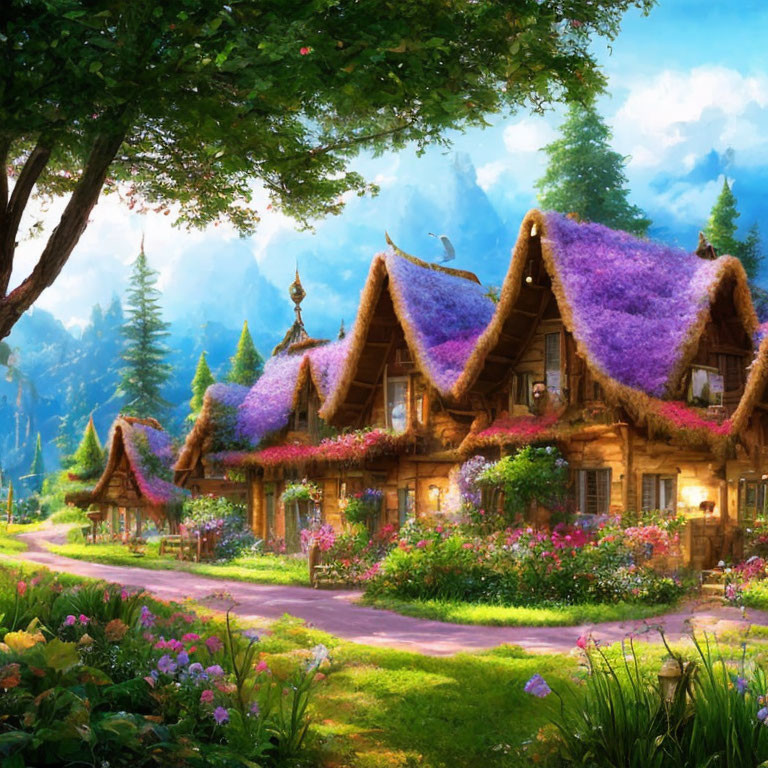 Thatched Cottages with Purple Flower Roofs in Lush Garden