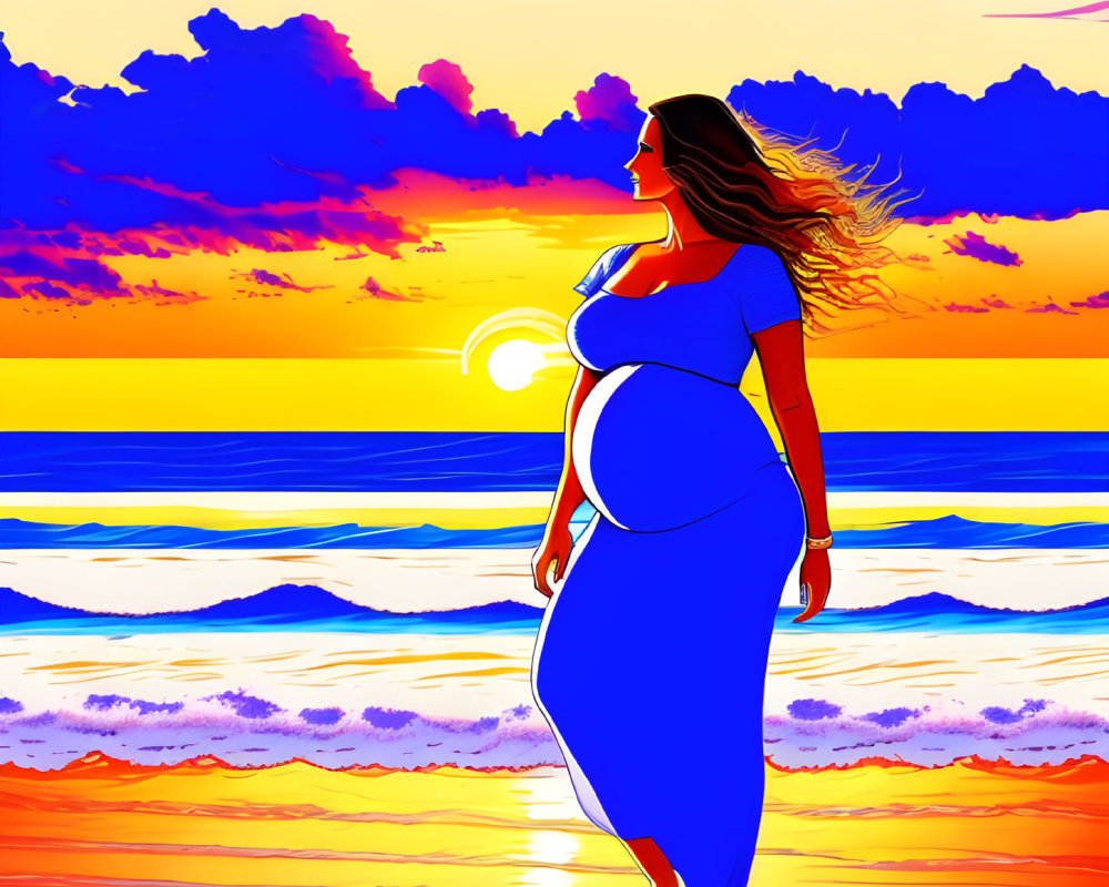 Pregnant woman in blue dress walking on shore at sunset