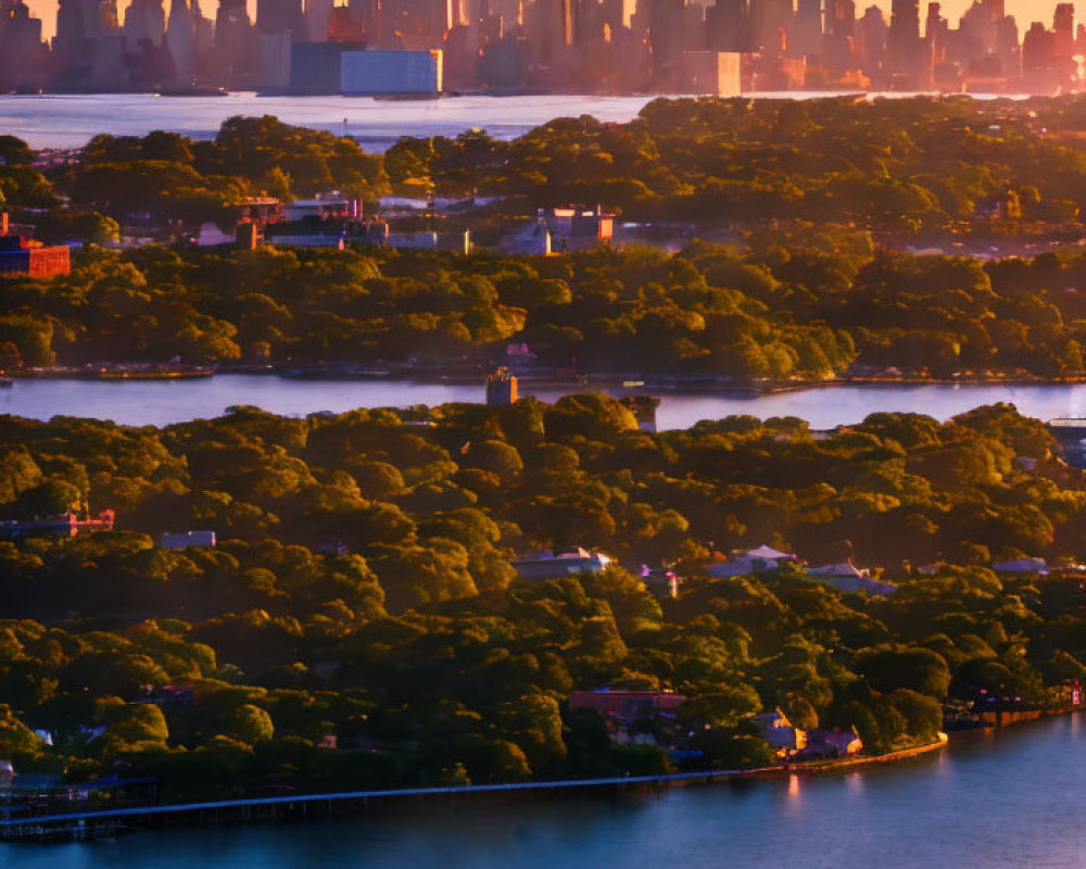 City skyline at sunset with green trees, river, skyscrapers in golden light.