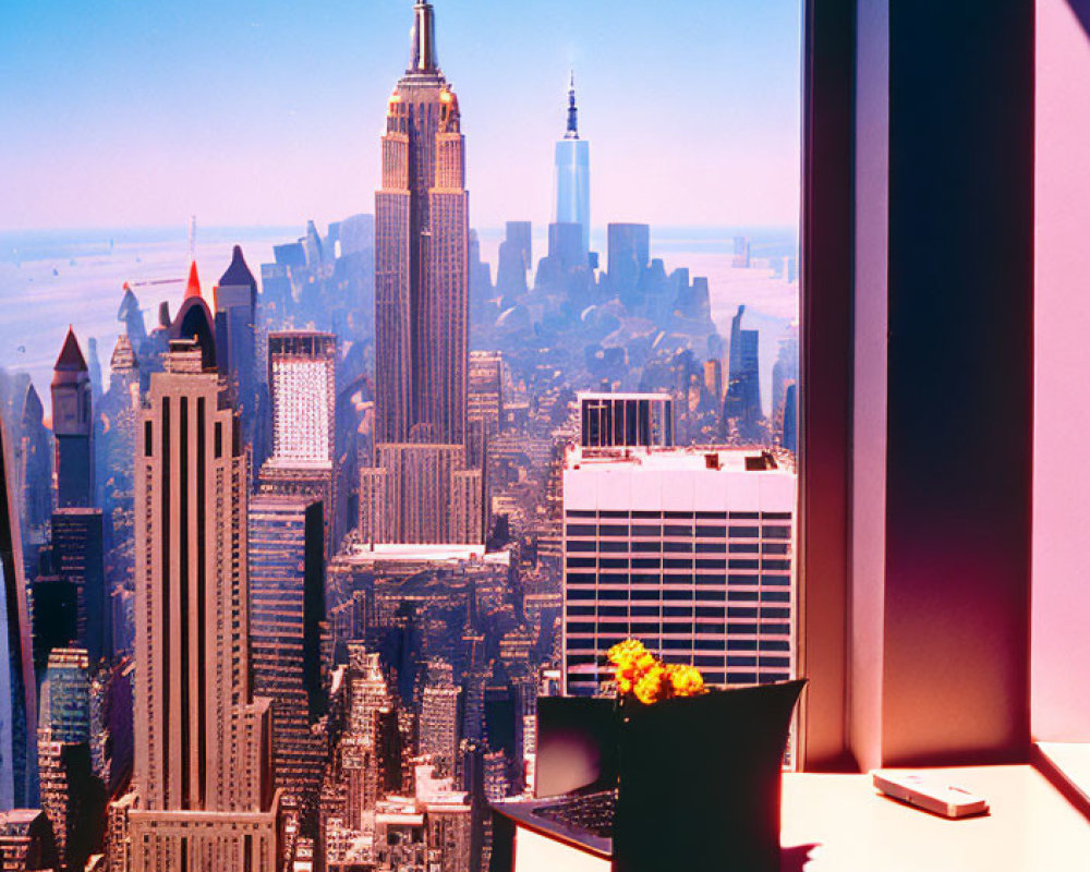 Urban skyline with skyscrapers, clear sky, book, and flowers in window sill