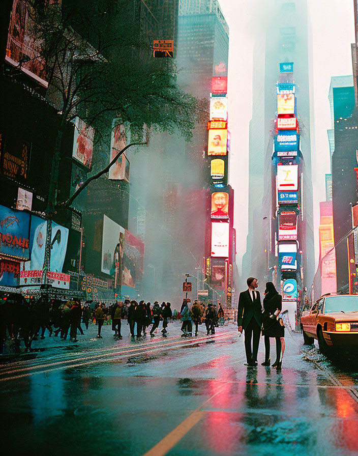 Vibrant cityscape with billboards, wet streets, and pedestrians under cloudy sky