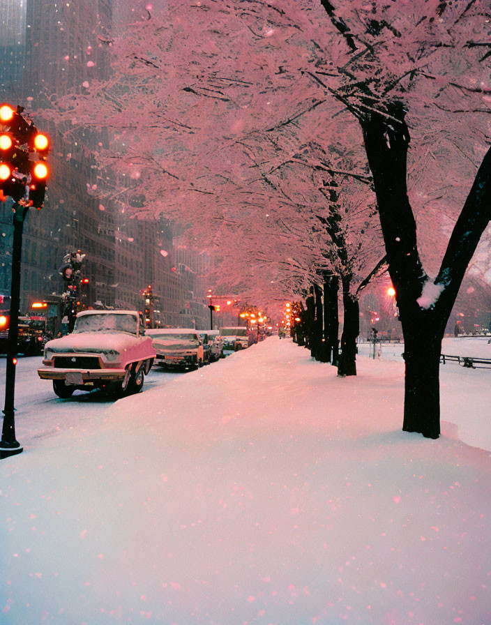 Snow-covered city street with vintage lampposts and pink twilight ambiance