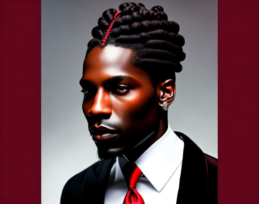 Stylized portrait of a man in suit with red tie and earring on red gradient background