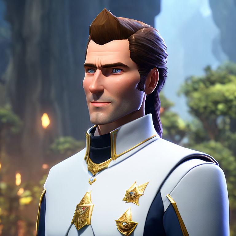 3D-rendered image of a man with styled brown pompadour in white and blue uniform