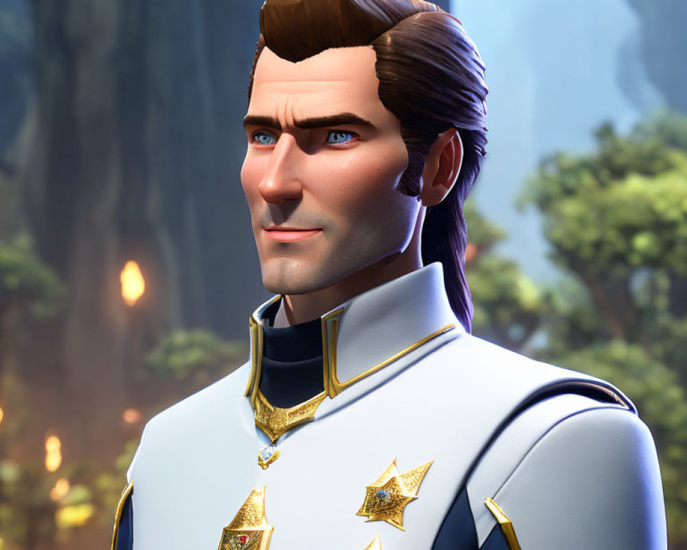 3D-rendered image of a man with styled brown pompadour in white and blue uniform