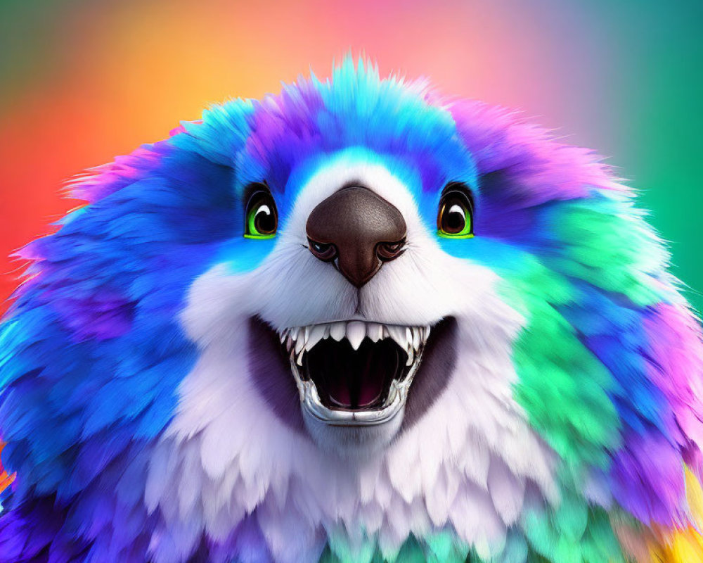 Colorful portrait of a fluffy creature with rainbow fur palette