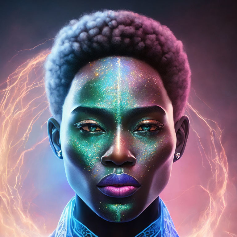 Portrait of person with afro, galaxy face paint, orange lightning background