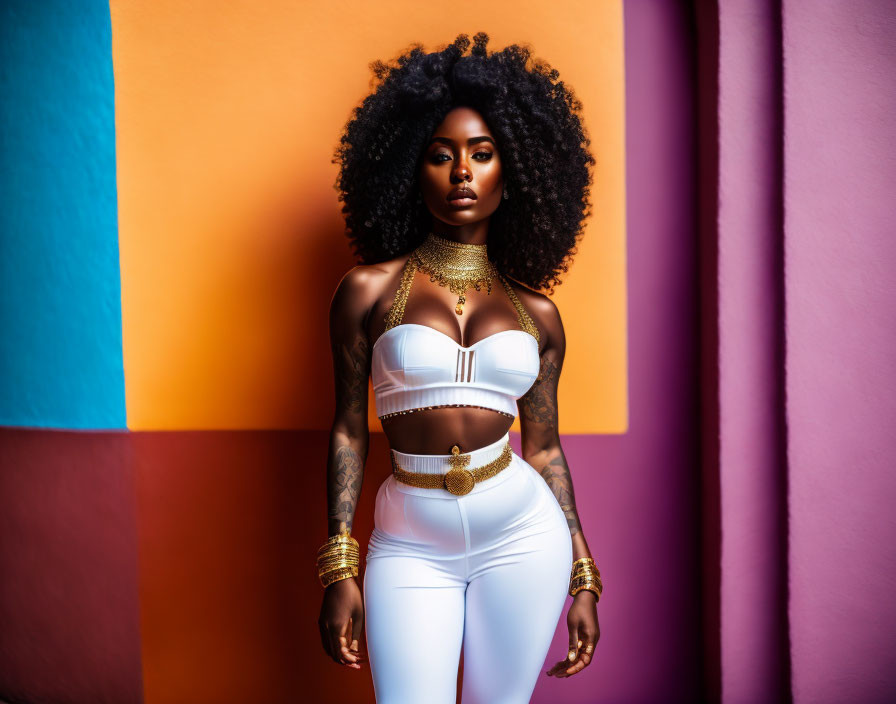 Afro-haired person in white outfit on pink-blue background with gold jewelry