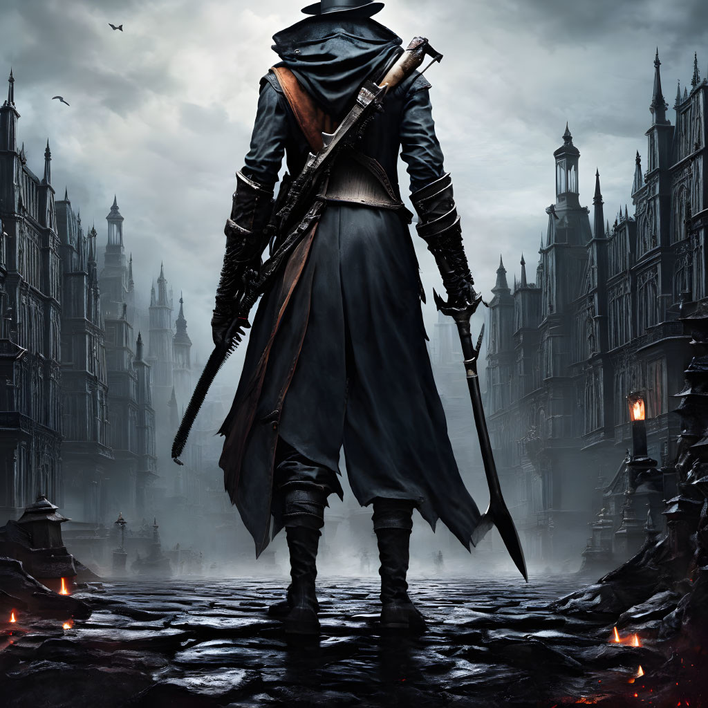 Dark Cloaked Figure with Cleaver in Gothic Cityscape