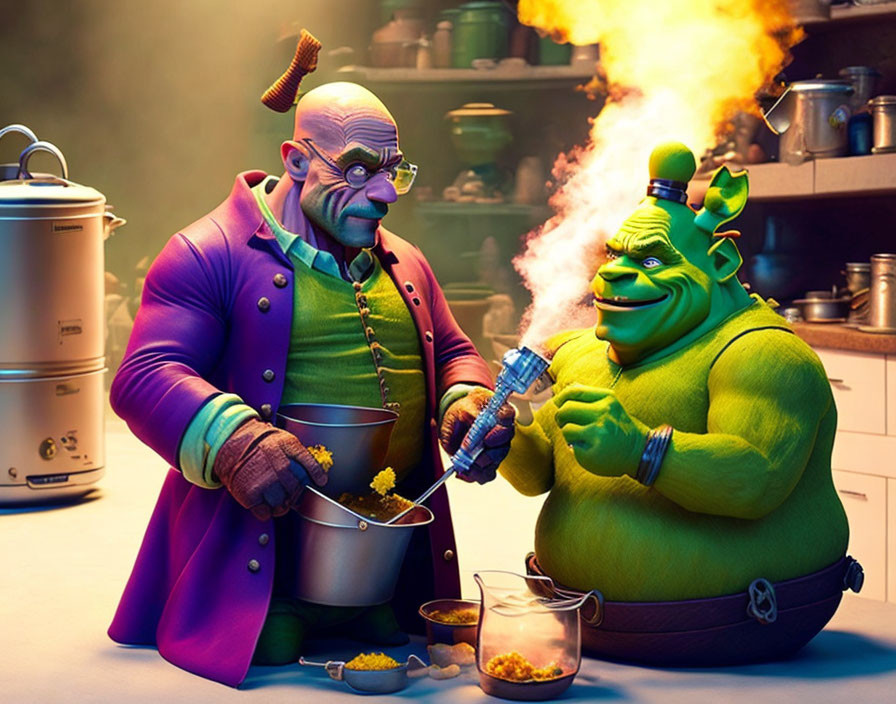 Animated ogres cooking in a kitchen: one stirring pot, the other tasting.