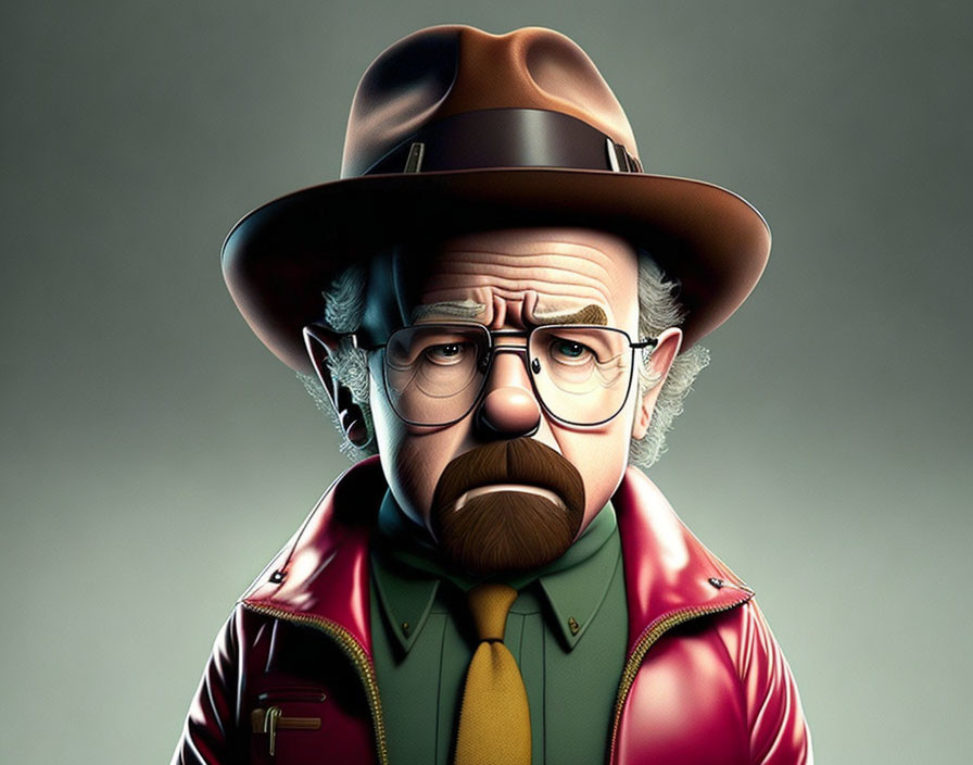 Illustration of a man with mustache, glasses, hat, green shirt, brown tie, and