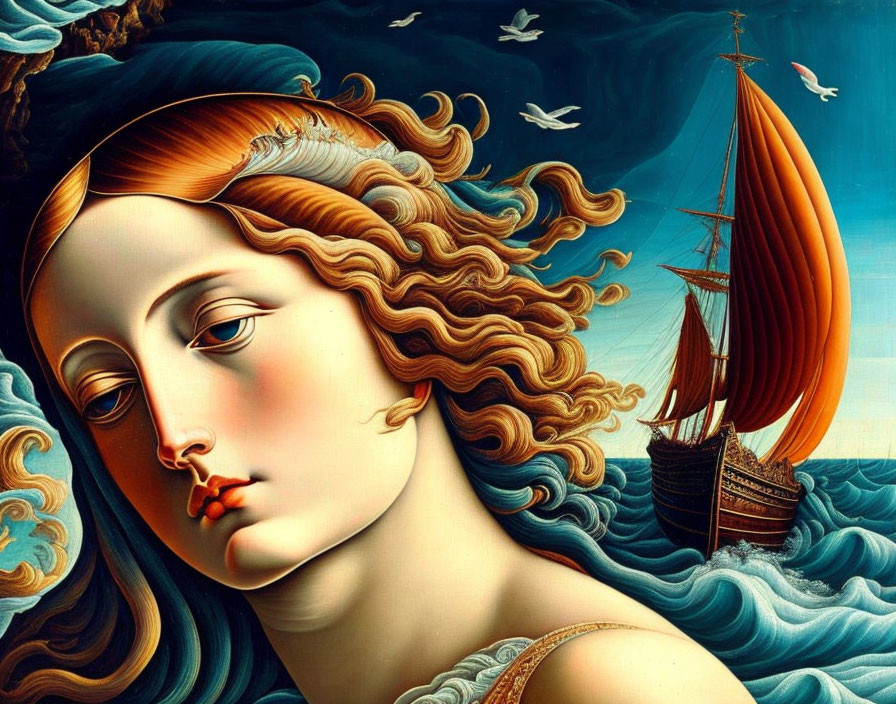 Surreal portrait of woman merging with sea, ship sailing on hair