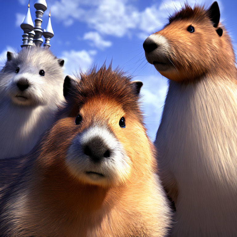 Three Cartoon Guinea Pigs with Curious Expressions and Whimsical Castle Under Blue Sky