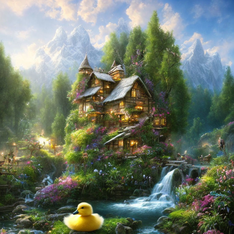 Charming cottage with gardens, stream, flowers, mountains, and rubber duck