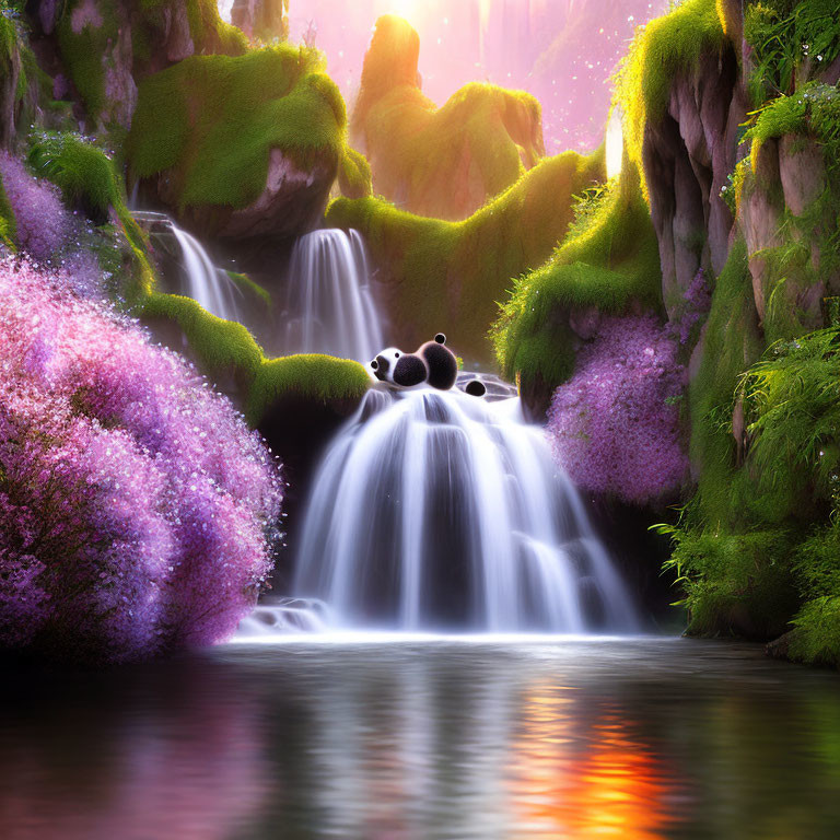 Tranquil waterfall scene with pandas in lush nature