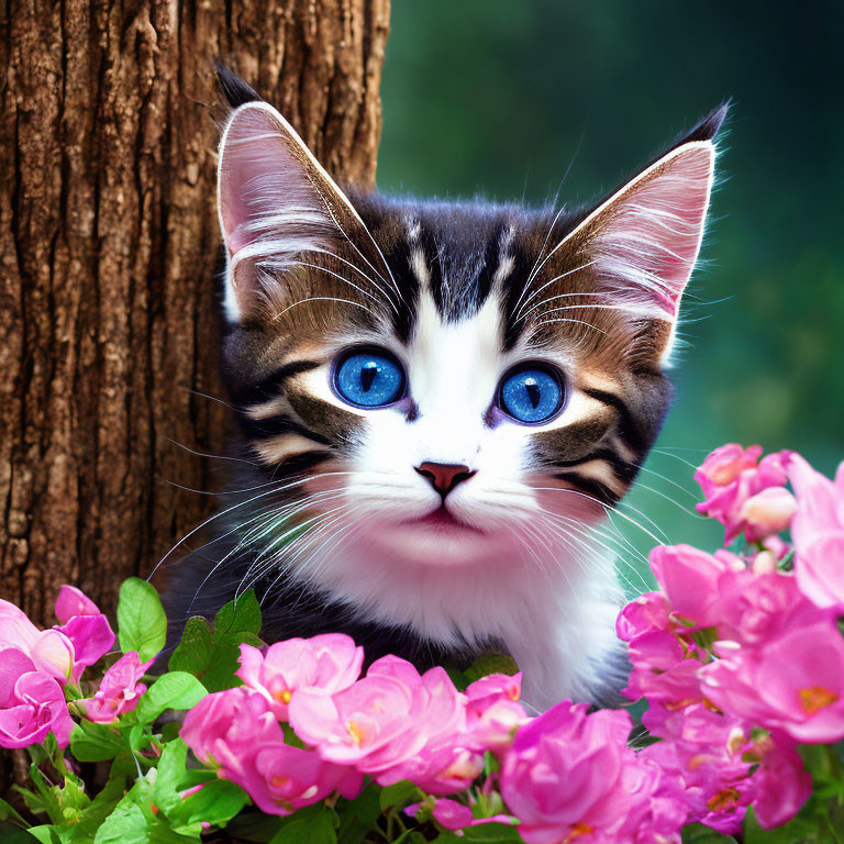 Black and White Kitten with Blue Eyes Among Pink Flowers and Tree Trunk