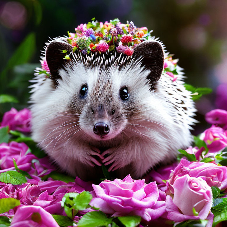 Adorable hedgehog with pink flower crown among vibrant roses