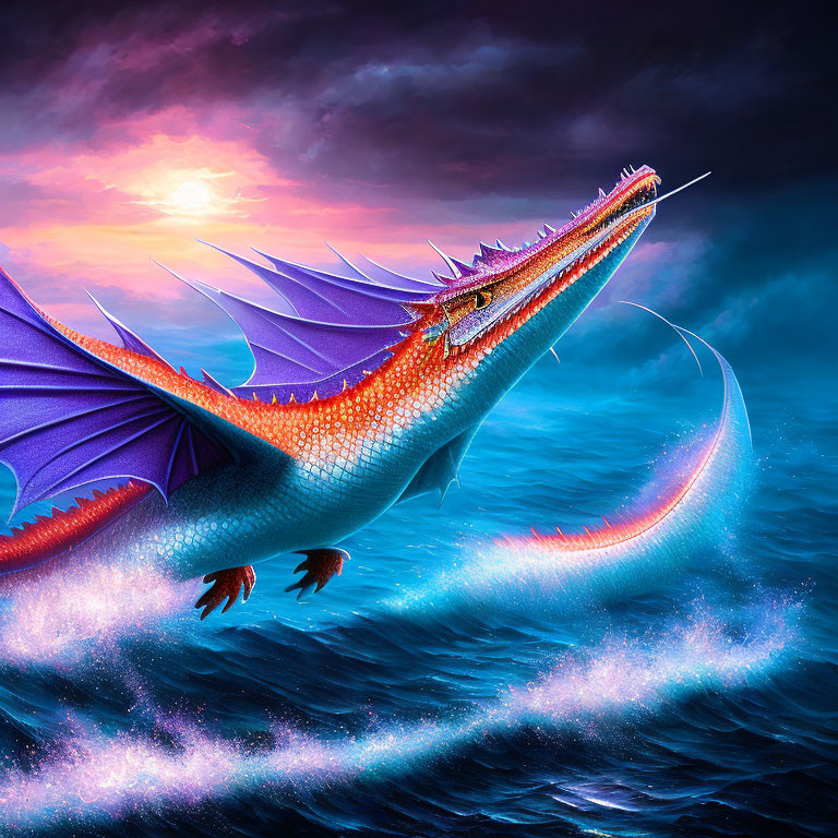 Purple dragon flying over ocean at sunset with glowing body