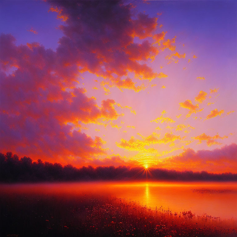 Scenic sunset with radiant clouds reflected on tranquil lake