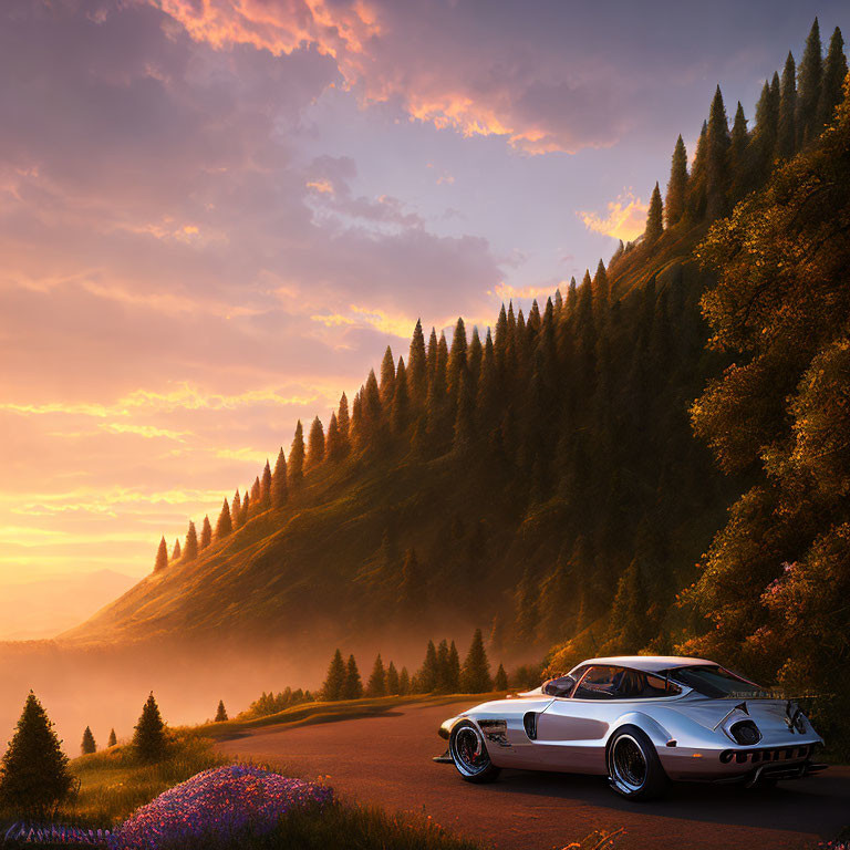 Vintage sports car parked on mountain road at sunset with warm sky and forested hillside.