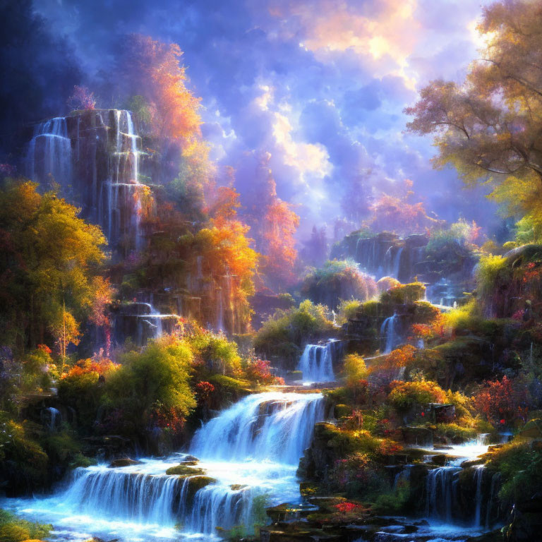 Mystical forest waterfall in autumn sunlight