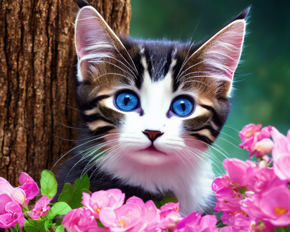 Black and White Kitten with Blue Eyes Among Pink Flowers and Tree Trunk