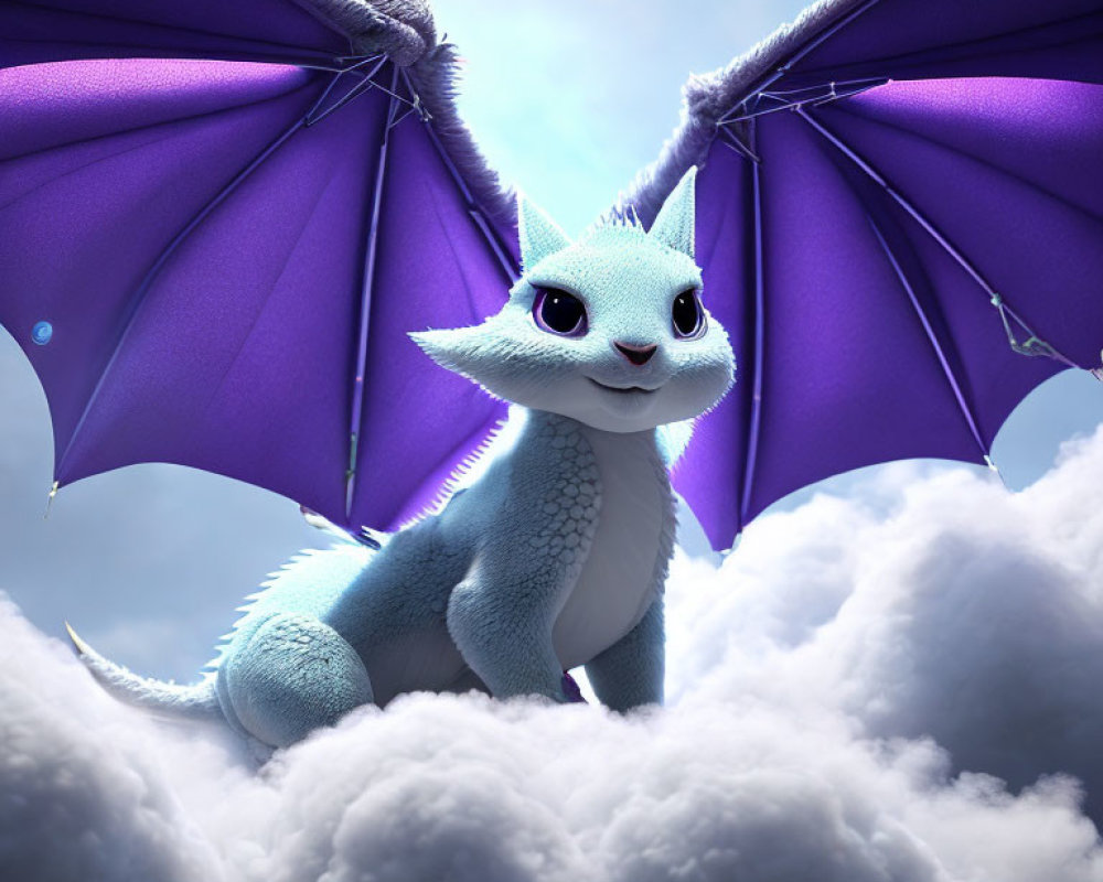 Blue dragon with purple wings on fluffy clouds against soft blue sky