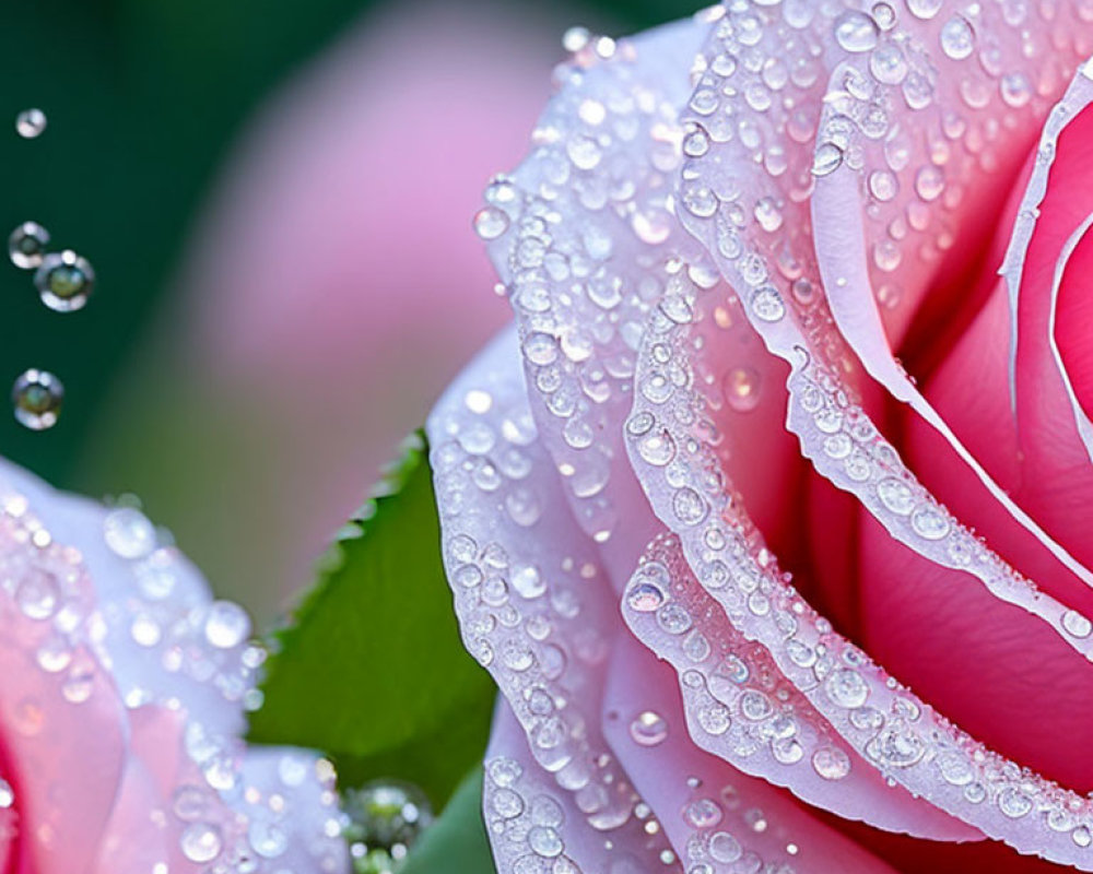 Pink rose with dewdrops on petals against blurred green background