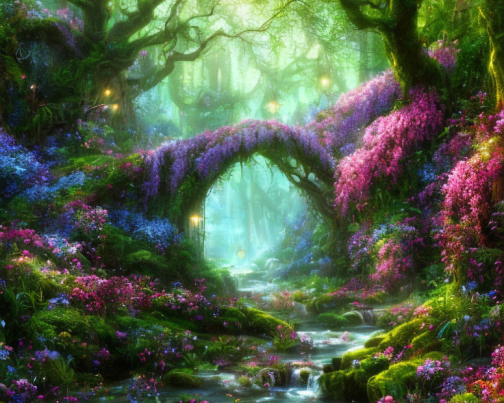 Vibrant forest with purple flowers, lush greenery, gentle stream, and magical lights