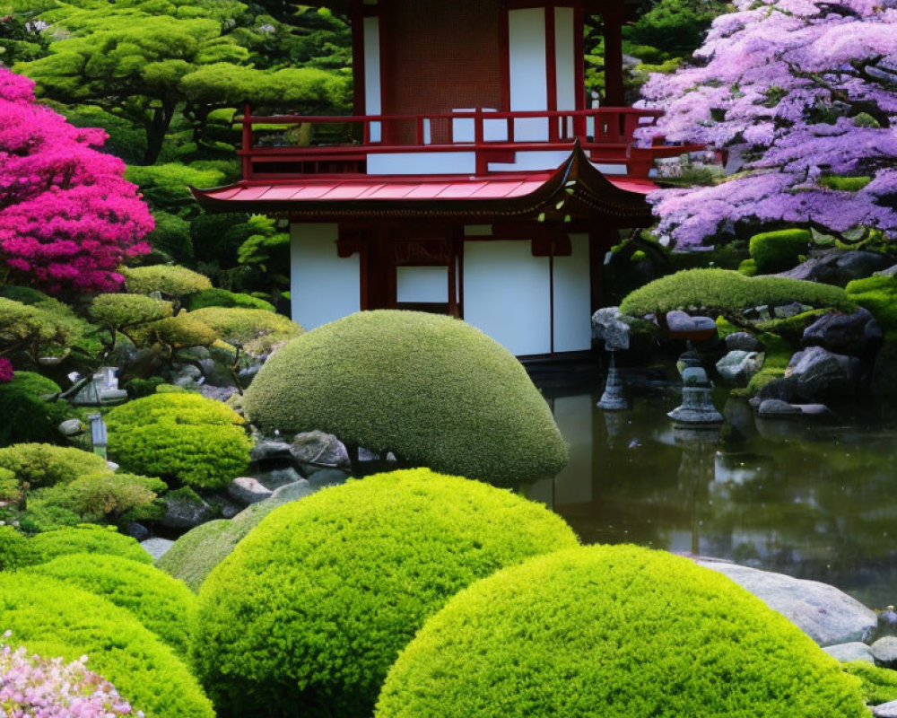 Serene Japanese garden with red structure, trimmed bushes, and blossoming flowers