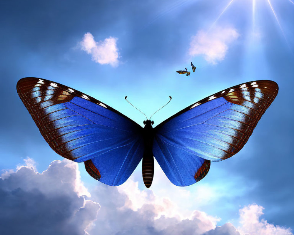 Vibrant blue butterfly flying in blue sky with sun and clouds