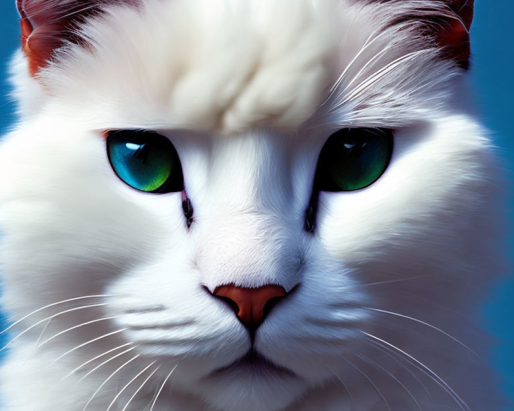 White Cat with Blue and Green Heterochromia on Blue Background