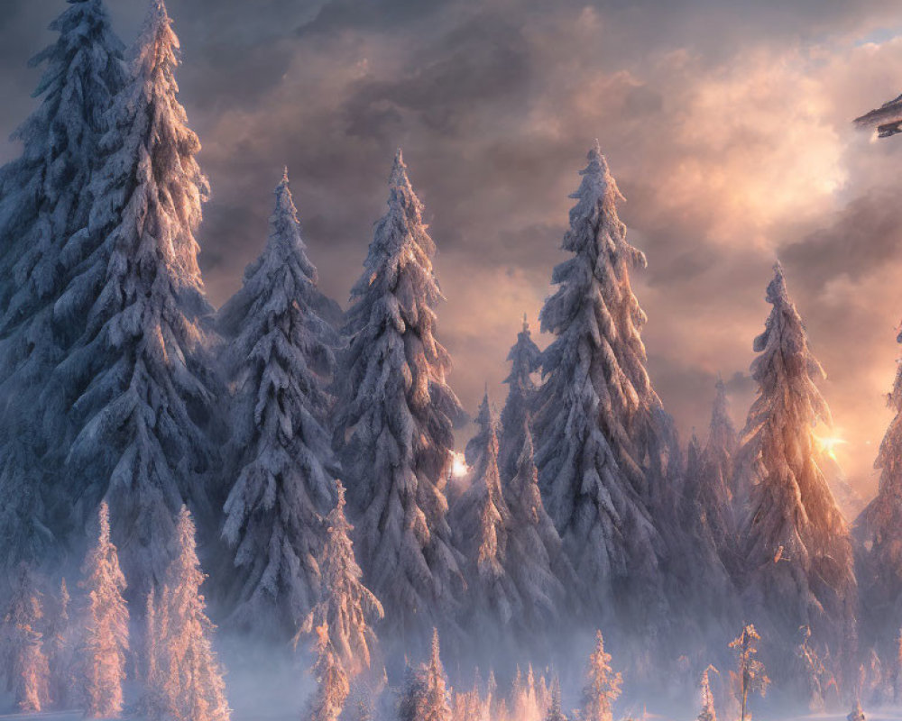 Snow-covered pine trees in warm sunset glow under moody sky