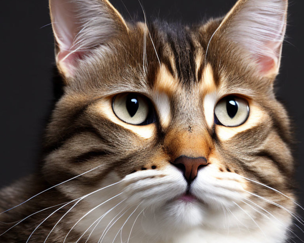 Brown Tabby Cat with Yellow Eyes and Whiskers on Dark Background