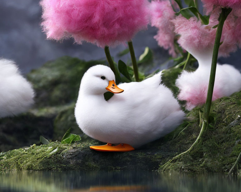 White Plush Duck Toy by Tranquil Pond with Pink Trees