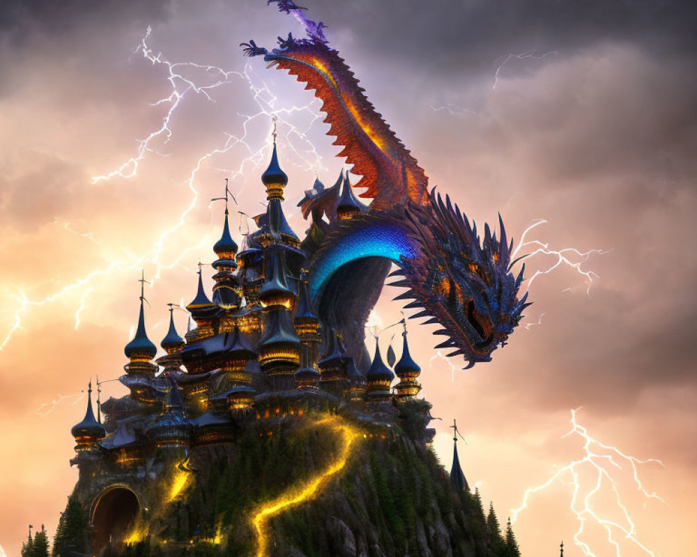 Majestic dragon on castle with stormy sky and lightning