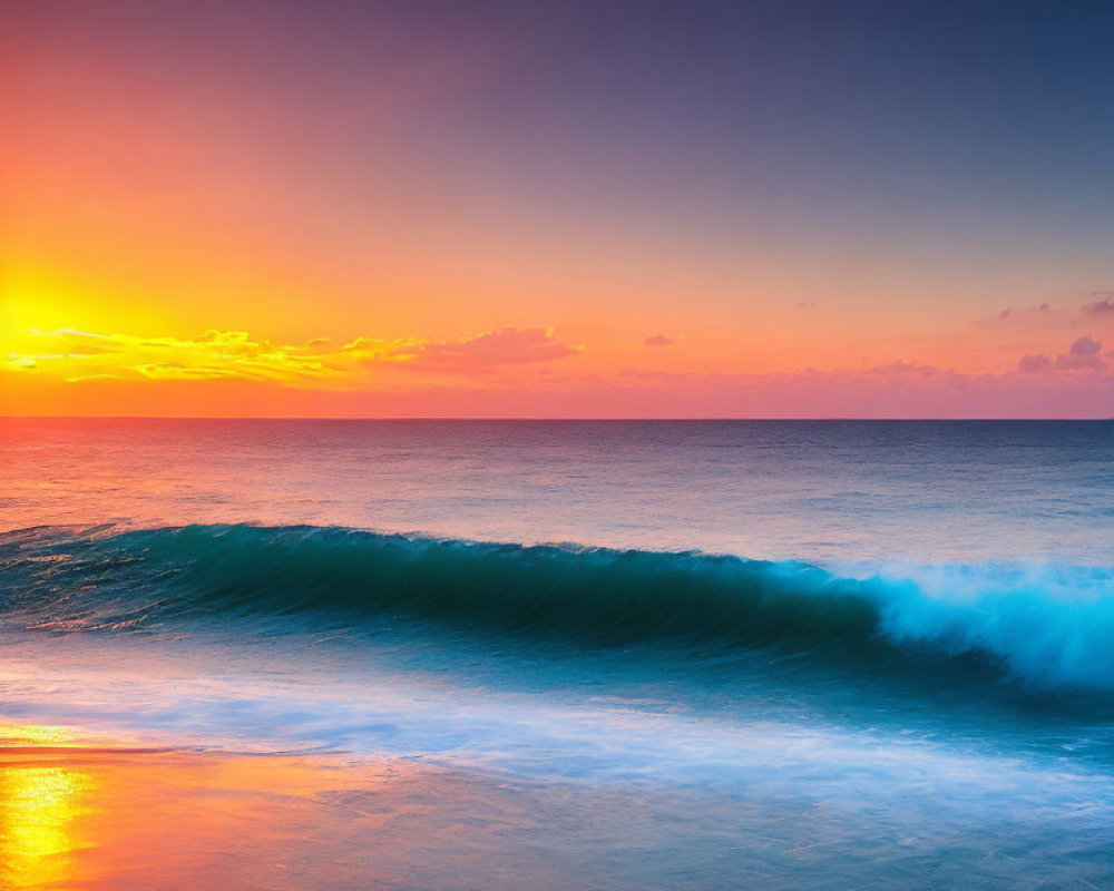 Colorful Ocean Sunset with Cresting Wave in Orange, Pink, and Blue Sky