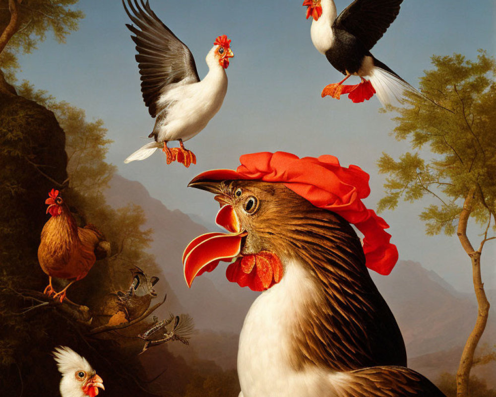 Surreal Painting: Chickens with Human-Like Faces in Classical Landscape