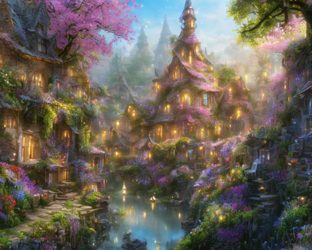 Fantasy village with thatched-roof cottages, pink trees, stone bridges, and glowing lantern